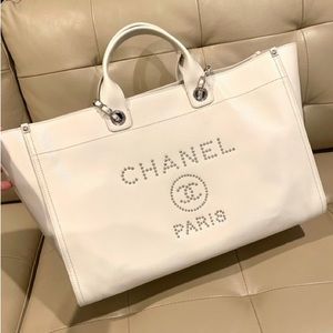 Chanel Extra Large Ivory Calfskin Leather Deauville Tote With Studded Logo